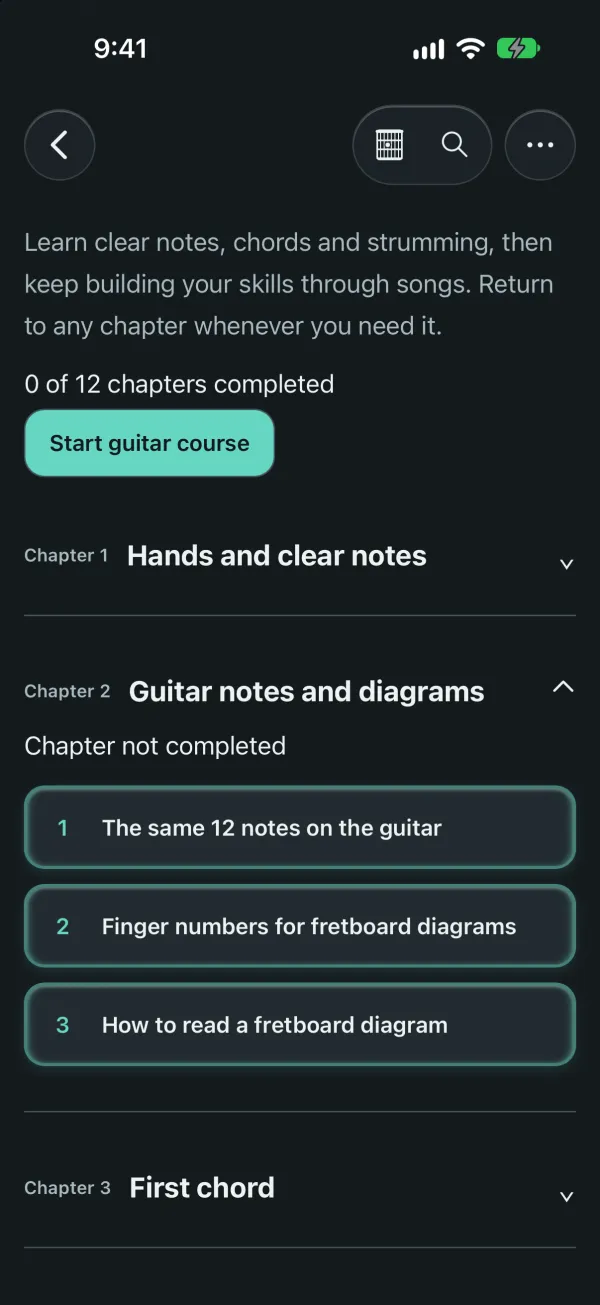 The Guitar Course path with chapters and lessons