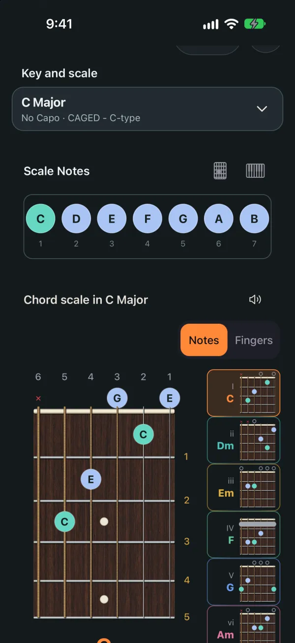 The Master tool showing C major on the fretboard with its chords