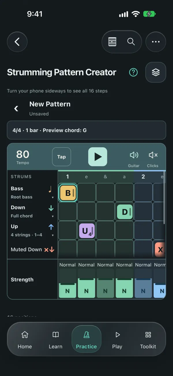 The Strumming Pattern Creator grid