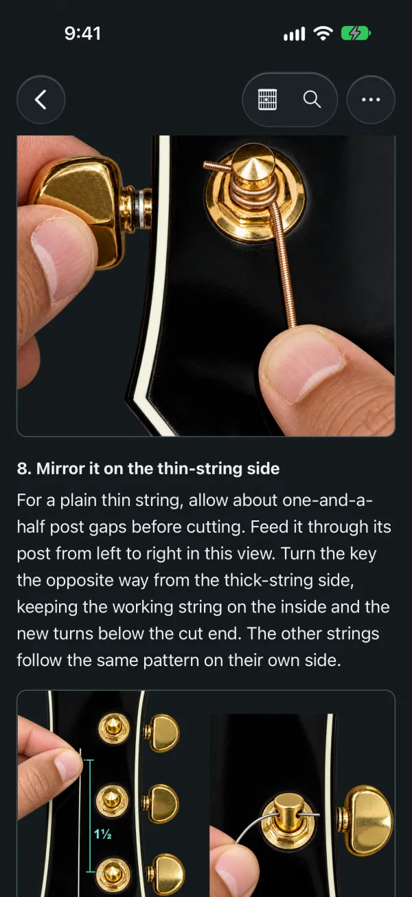 Close-up photos of winding a new string